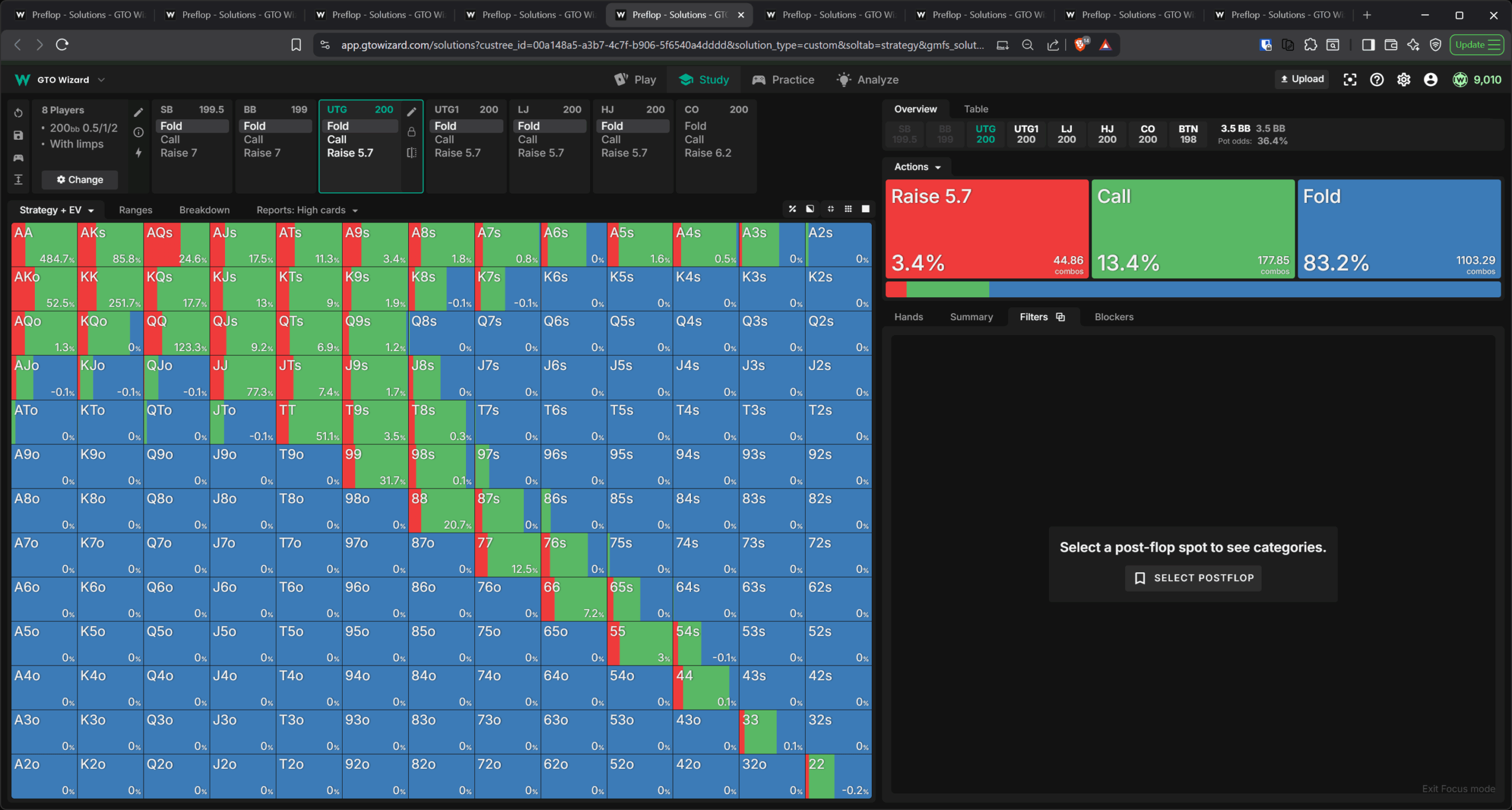 无抽水游戏中 UTG limp 范围图