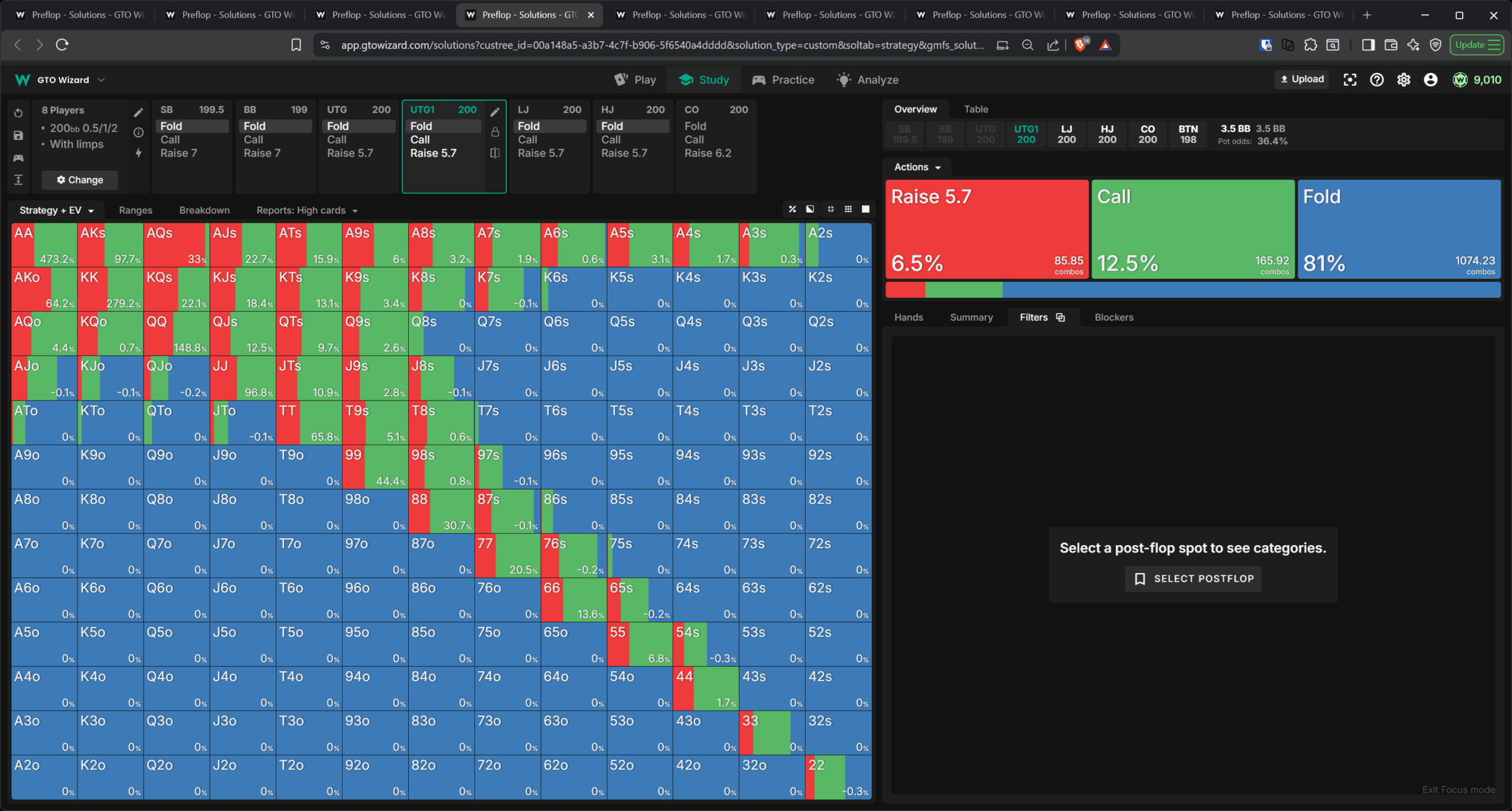 无抽水游戏中 UTG1 limp 范围图